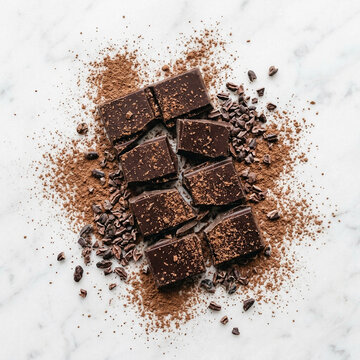 Chocolate Day dark chocolate chunks with cocoa powder and nibs on white marble surface