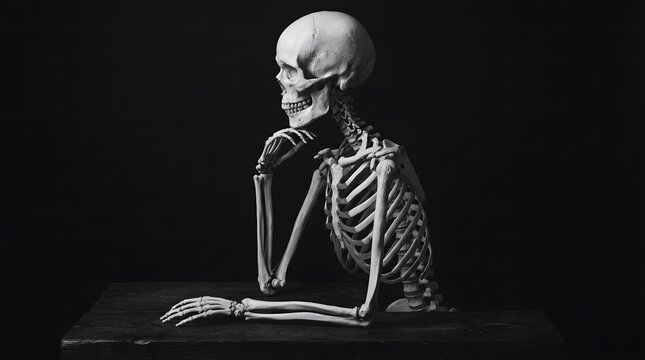 A hauntingly beautiful monochrome image of a human skeleton evoking themes of mortality and the spirit of halloween