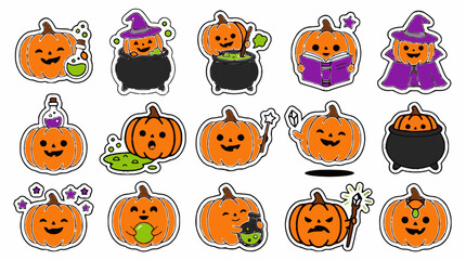 Obraz premium Collection of illustrated pumpkins with halloween props and whimsical expressions vector graphics autumnal bewitched