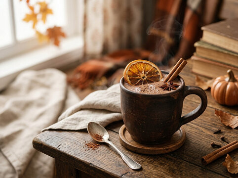 Chocolate Day Steaming Mug with Cinnamon and Orange Slice on Rustic Wooden Table Surface