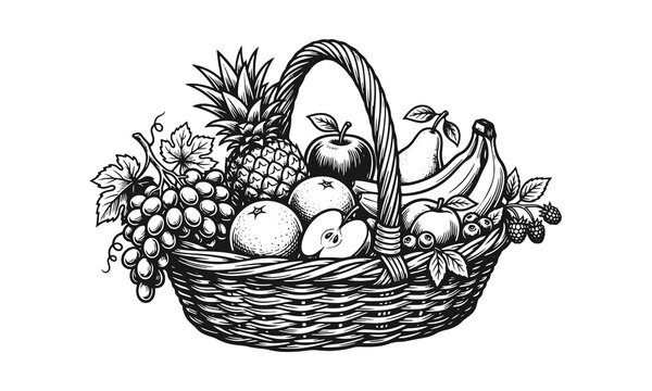 Black and white vector engraving of a wicker basket filled with fresh tropical fruits. fruit basket vector, engraved harvest illustration, sweet food, natural harvest, organic mea