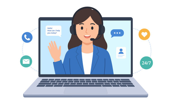 Female customer service representative providing online support on laptop, customer care chat, call center assistance and help vector illustration
