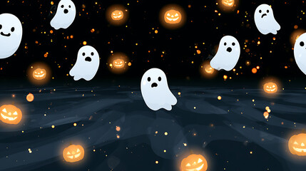 Fototapeta premium Playful Cartoon Ghosts and Glowing Jack O Lanterns Halloween Background