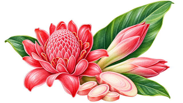Fresh Torch Ginger Flower Isolated on Transparent Background, Indonesian Culinary Ingredient