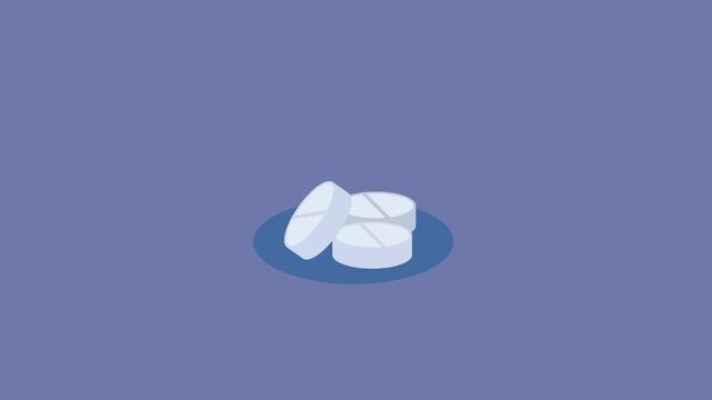 Minimalist animation of white medical pills falling onto surface with flat design motion graphics and purple background.