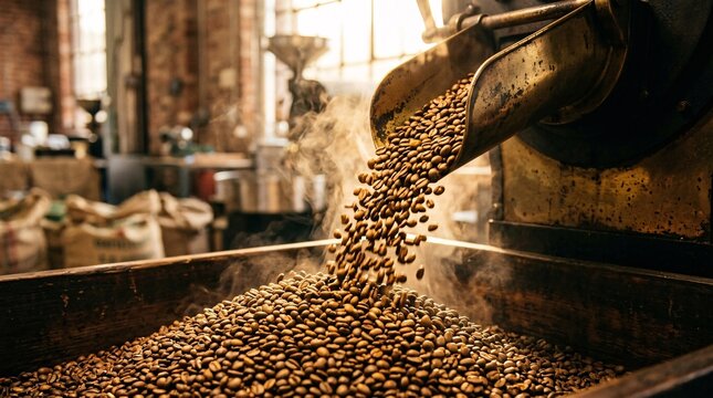 Golden coffee beans cascading from brass chute into glowing fragrant mound, warm factory backlighting, macro artisan coffee production.