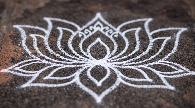 A white lotus flower rangoli pattern drawn with fine powder on a dark textured stone floor ad social media download thambnail poster web template event festival 2026 2027 2028
