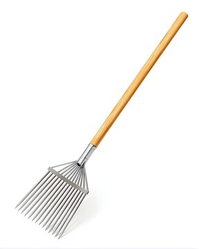 minimal metal rake with wooden stick isolated on white background
