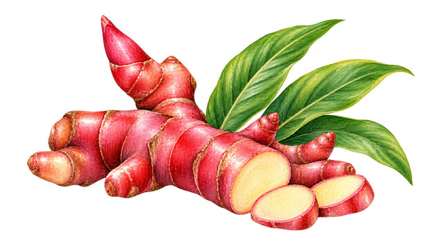 Fresh Red Ginger Rhizomes and Slices with Leaves Isolated on Transparent Background