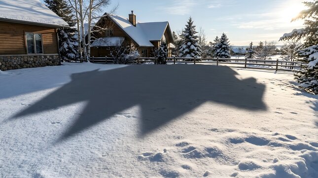 House shadow cast across fresh white snow-covered ground in winter landscape with rustic wooden cabin in background
