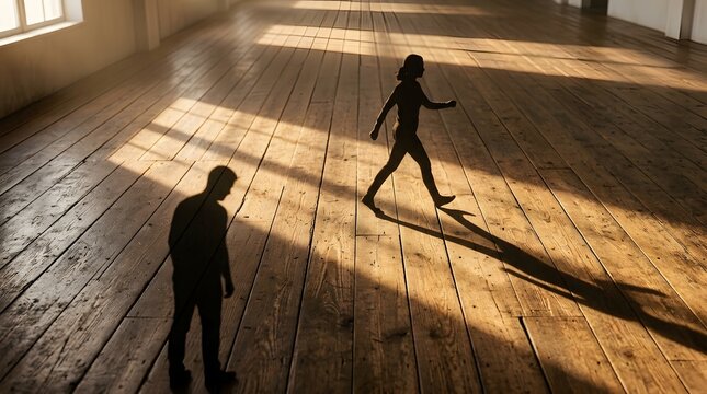 Silhouetted figures of people walking across bright wooden floor casting long dramatic shadows in spacious room