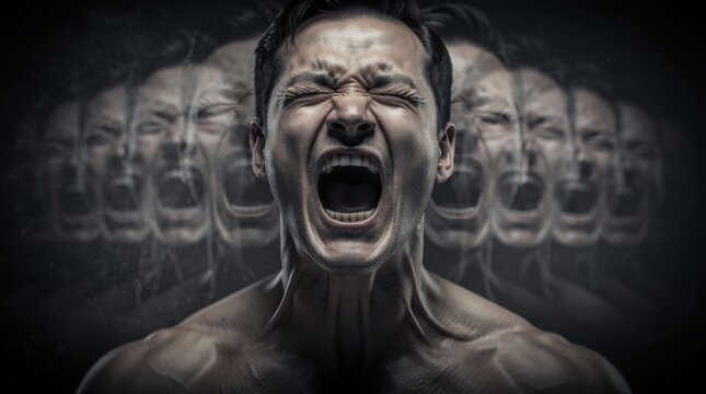 A man screams intensely, with multiple ghostly reflections of his face expressing anger or agony surrounding him in a dark, dramatic setting.