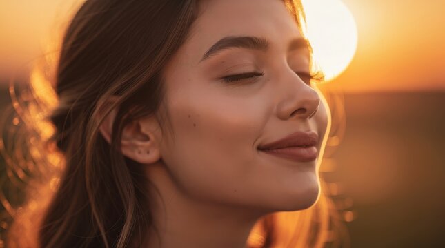 A young woman enjoys a peaceful moment with closed eyes, basking in warm golden sunset light.