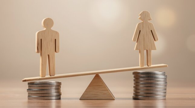 Wooden male and female figures on a seesaw balanced on stacks of coins, symbolizing gender pay gap and economic inequality.