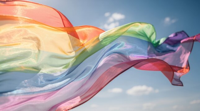 A translucent rainbow flag waves gently against a blue sky with soft clouds, symbolizing pride and diversity.