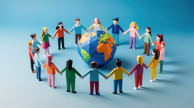 Diverse paper cutout figures hold hands in a circle around a colorful globe, symbolizing global unity and cooperation.