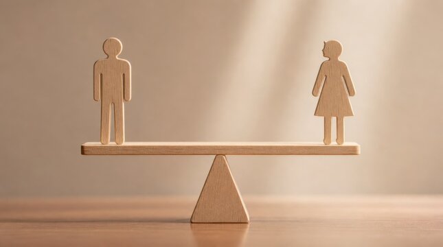 Wooden figures of a man and a woman balanced on a seesaw, symbolizing gender equality and balance.
