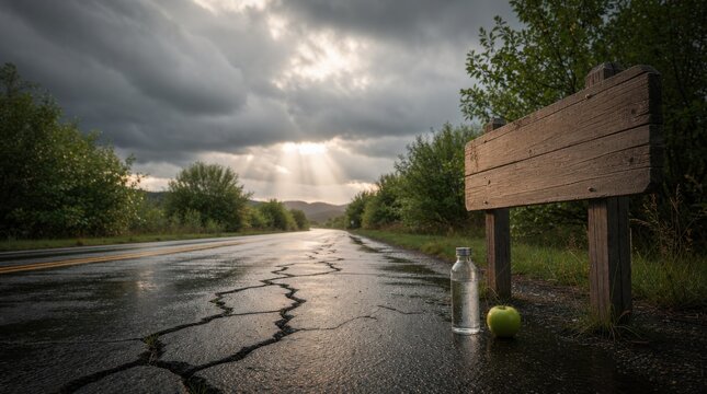A cracked, wet road stretches into the distance under cloudy skies with sun rays breaking through, next to a wooden signpost, a glass bottle, and a green apple.