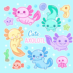 Naklejka premium Cute colorful axolotl ajolote collection