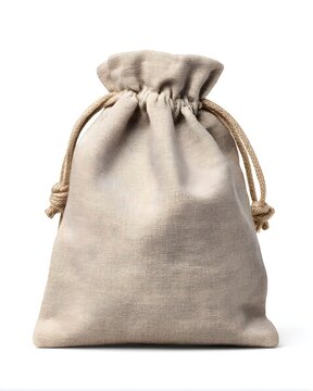 Neutral-toned fabric drawstring pouch, soft folds and texture isolated on white background
