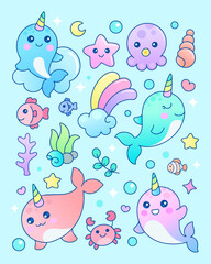 Cute kawaii narwhal collection vector illustration © Yurisma