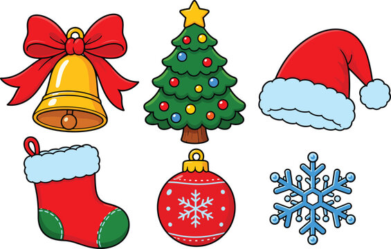 Cute Christmas Clipart Set with Bell, Tree, Santa Hat, Stocking, Ornament and Snowflake Vector