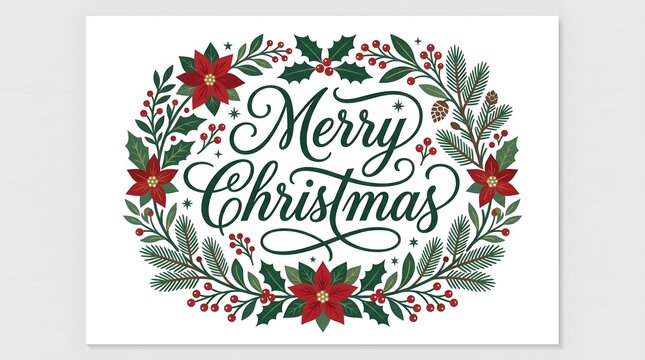 A beautiful and festive circular design featuring 'merry christmas' with floral and botanical elements