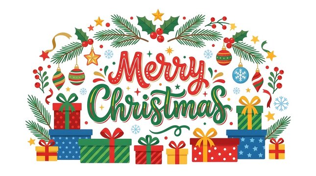 A vibrant and festive christmas illustration featuring gifts ornaments and cheerful holiday greetings