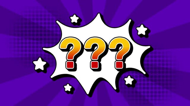 Question mark text word lettering popup comic cartoon reveal with bomb and smoke explosion manga anime book page dots with radial speed lines doodle violet background with seamless loop animation