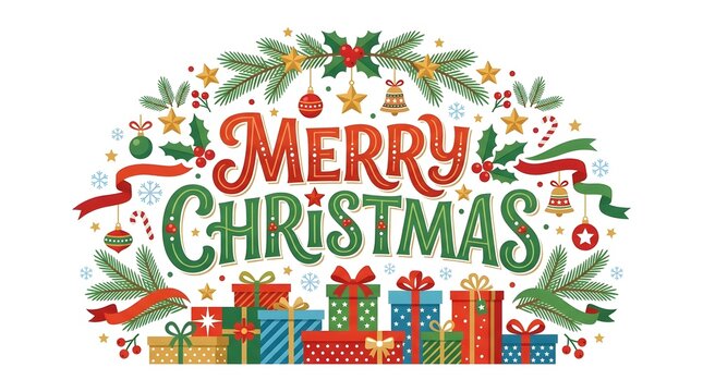A vibrant and festive 'merry christmas' illustration with presents ornaments and a joyful holiday spirit