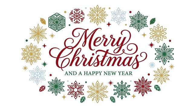 A festive and elegant christmas greeting card with beautiful snowflake designs and calligraphy
