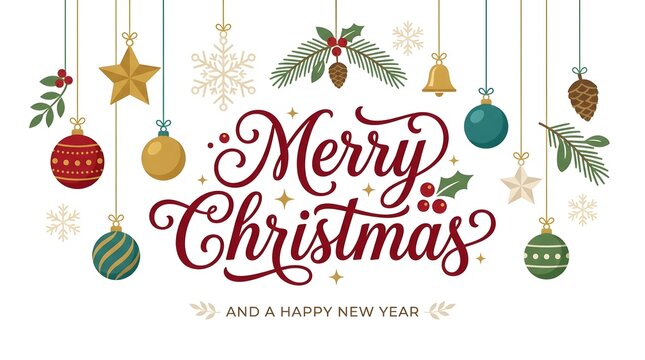 A beautiful and festive 'merry christmas' greeting with ornaments mistletoe and a joyful holiday spirit