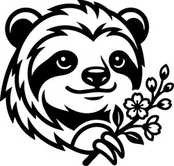 Fototapeta premium Cute Sloth Character Holding Flower Branch Black and White Illustration