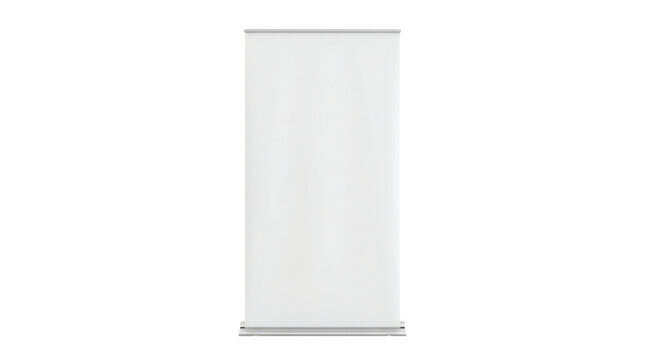 Blank white vertical roll-up banner stand display mockup isolated on transparent background.