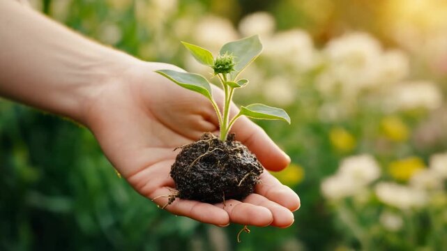 Young plant with roots and soil held in hands against a sunny garden background