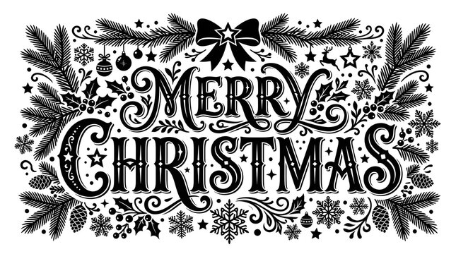 A beautifully designed vintage christmas illustration featuring ornate lettering and festive holiday embellishments