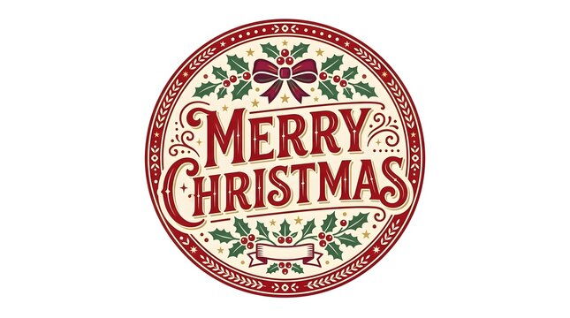 A vintage style oval christmas greeting with festive red and green floral embellishments