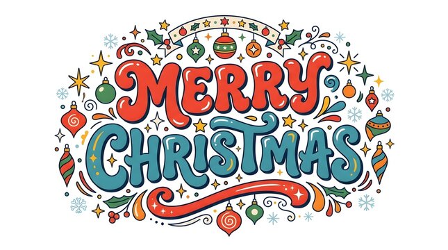 A vibrant and colorful 'merry christmas' illustration filled with festive holiday decorations and cheer