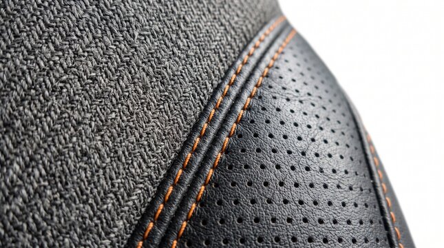 Close-up macro shot of textured car upholstery stitching and perforated leather seat detail