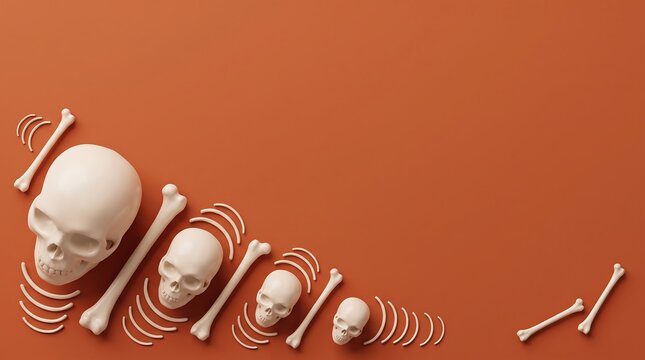 Skulls and bones arranged in diagonal pattern on burnt orange studio background surface.