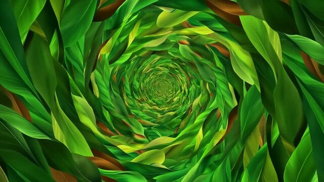 Green leaves arranged in a dense spiral tunnel with a bright center, abstract pattern