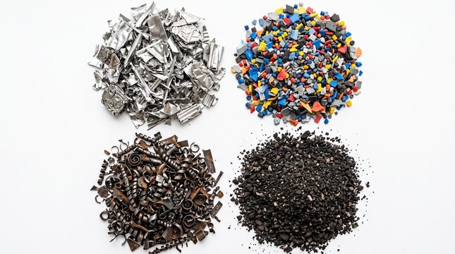 Top-down view of black tea leaves and colorful spices scattered in minimalist white background