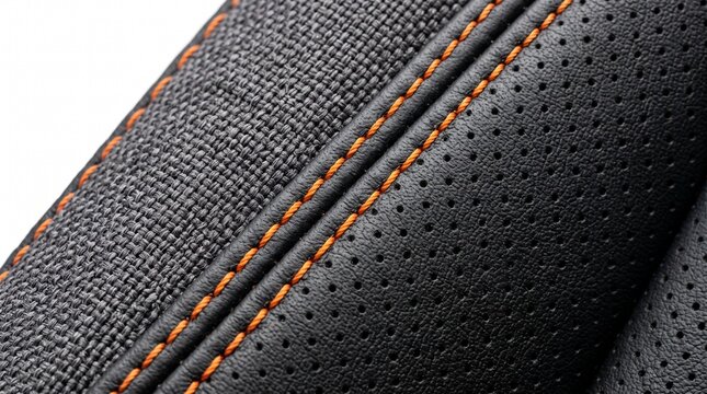 Detailed Macro View of Perforated Black Leather and Woven Fabric Automotive Seat Upholstery with Contrast Orange Stitching