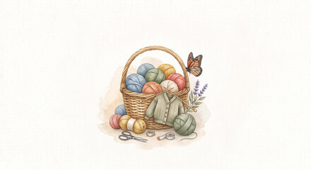 Fototapeta premium Watercolor illustration of a cozy wicker basket filled with colorful yarn balls, knitting needles, miniature sweater, and butterfly on textured cream background