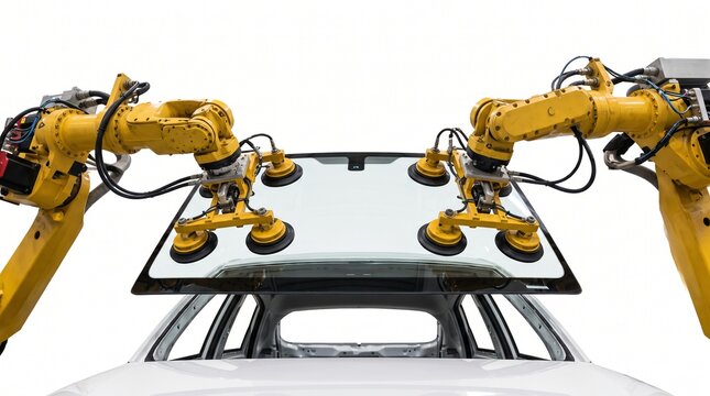 Low-Angle View of Two Robotic Arms Installing a Glass Windshield on a Vehicle Assembly Line