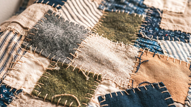 Cozy patchwork quilt in earthy tones and textures. Hand-stitched seams show care and craftsmanship. Soft, worn fabric hints at warmth and comfort. Ideal for rustic, nostalgic