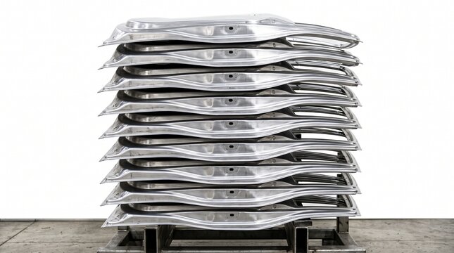 Side Profile View of Stacked Stamped Metal Automotive Body Panels in Industrial Factory