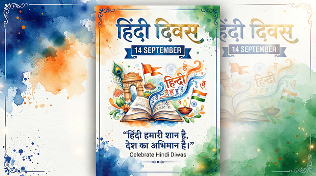  "हिंदी दिवस" and "14 SEPTEMBER" at the top, the Hindi slogan "हिंदी हमारी शान है, देश का अभिमान है" (Hindi is our pride, the country's honor), and "Celebrate Hindi Diwas" below