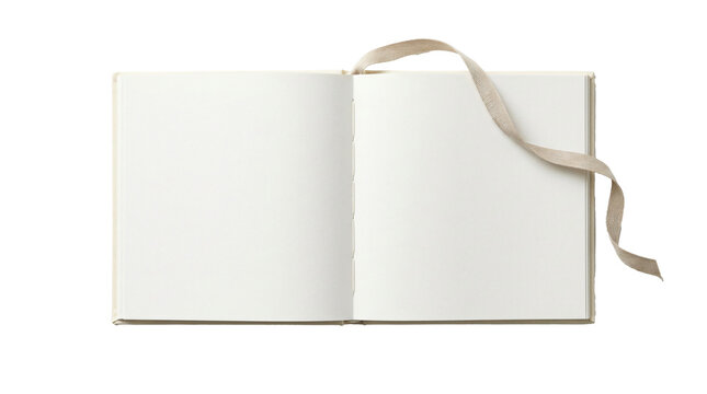 Open blank notebook with fabric ribbon bookmark on transparent background