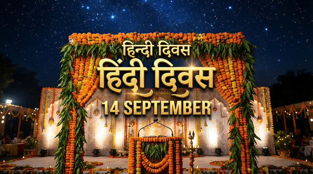 "हिन्दी दिवस" (Hindi Diwas) prominently displayed in Hindi script alongside "14 SEPTEMBER" in English, suggesting an elegant outdoor festival celebration.